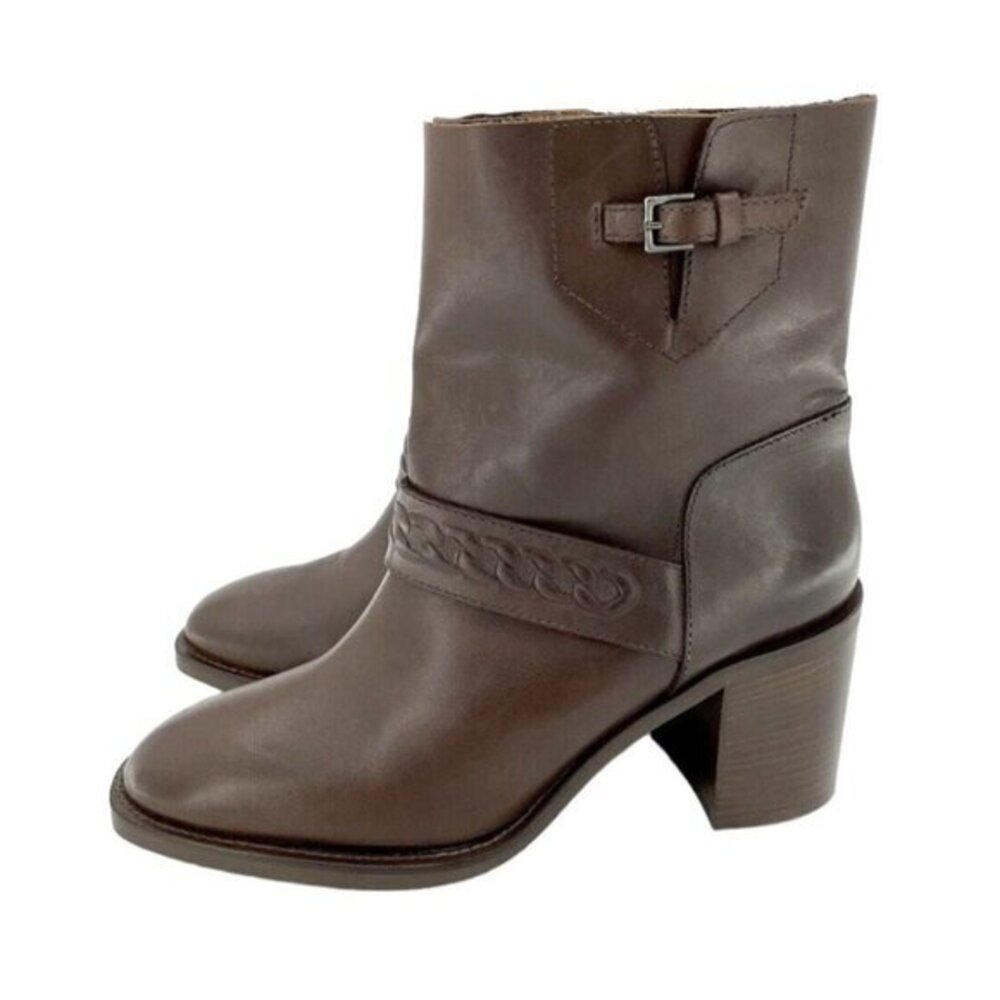 Aquatalia Evette Brown Leather Booties Mid Calf Block Heel SZ 9 New $550